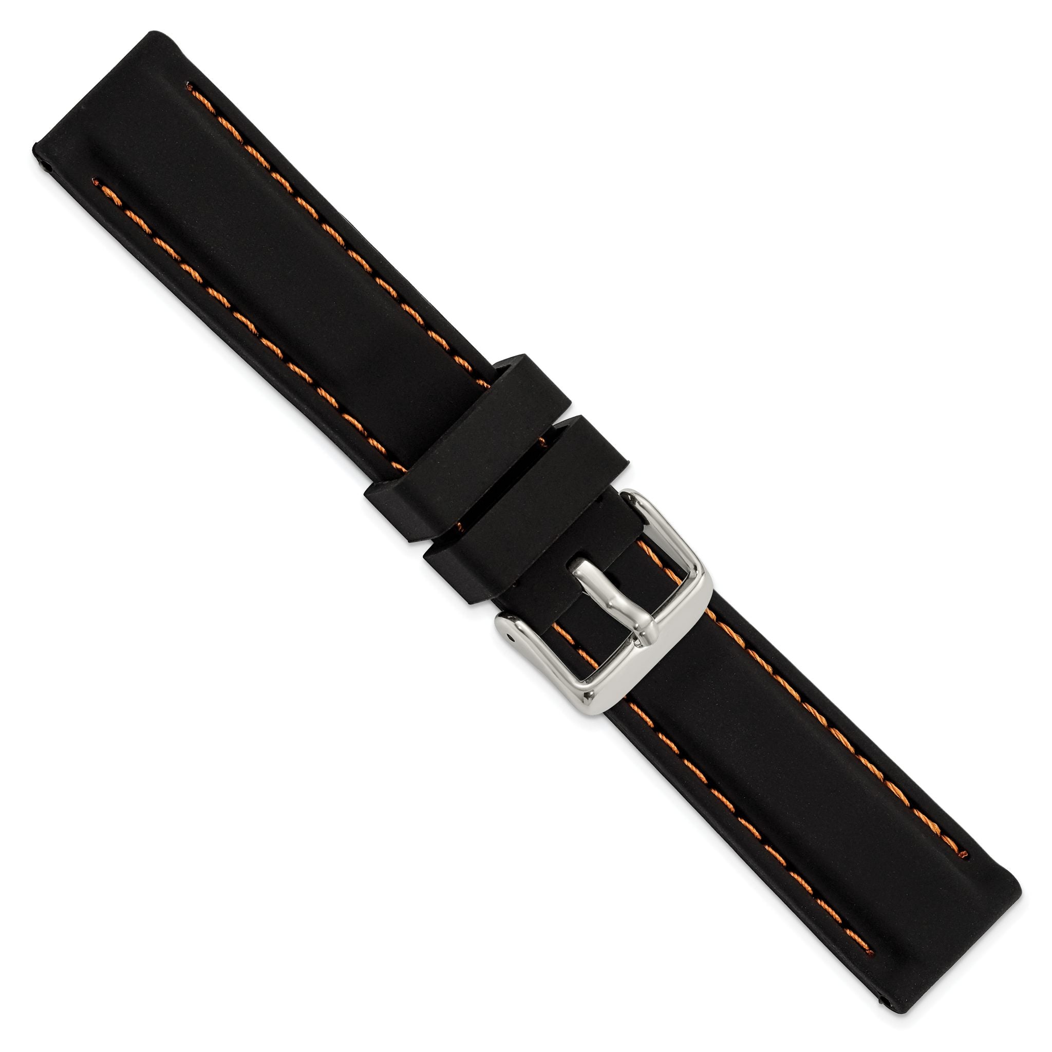 Smooth Silicone Watch Band in Black with Orange Stitching, 20mm