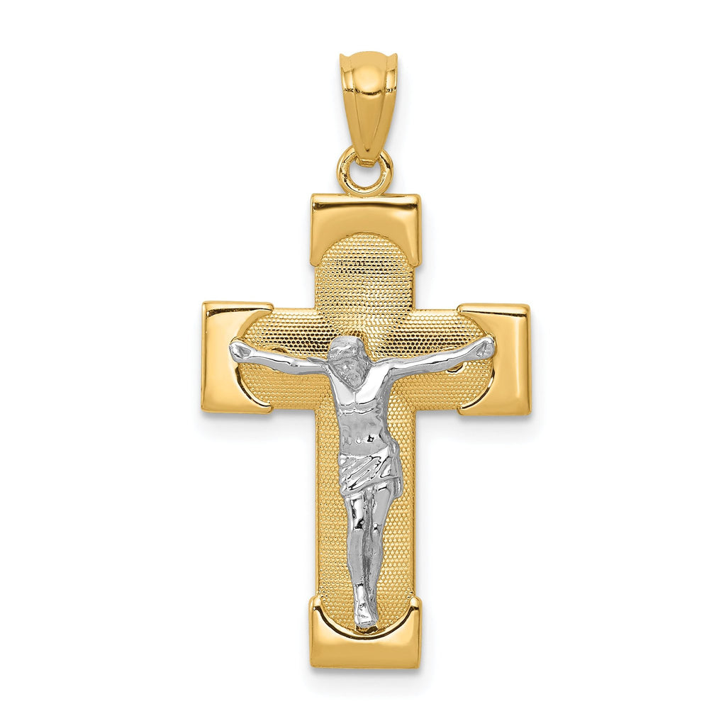 14K Two-Tone Gold Crucifix Pendant with Textured Solid Design  30mm