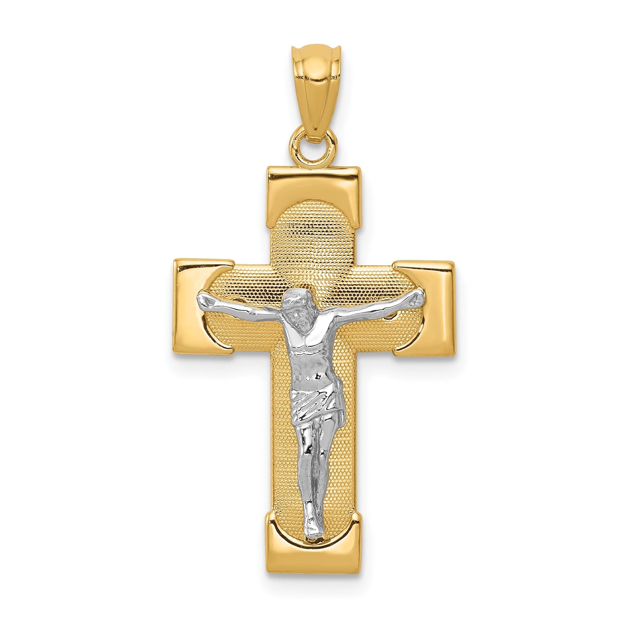 14K Two-Tone Gold Crucifix Pendant with Textured Solid Design  30mm