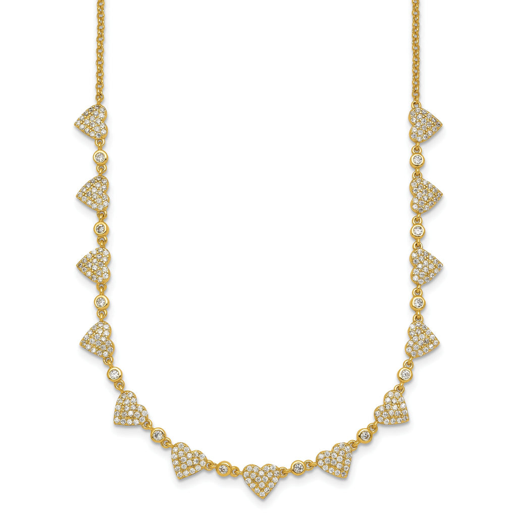 Sterling Silver Gold-tone Polished Pave CZ Hearts 16 Inch with 2 Inch Extension Necklace