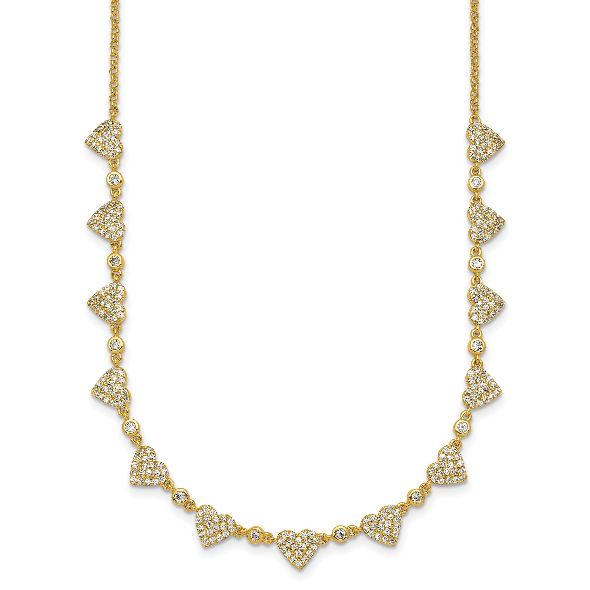 Sterling Silver Gold-tone Polished Pave CZ Hearts 16 Inch with 2 Inch Extension Necklace