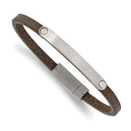 Stainless Steel Brushed Brown Leather ID Bracelet for Men