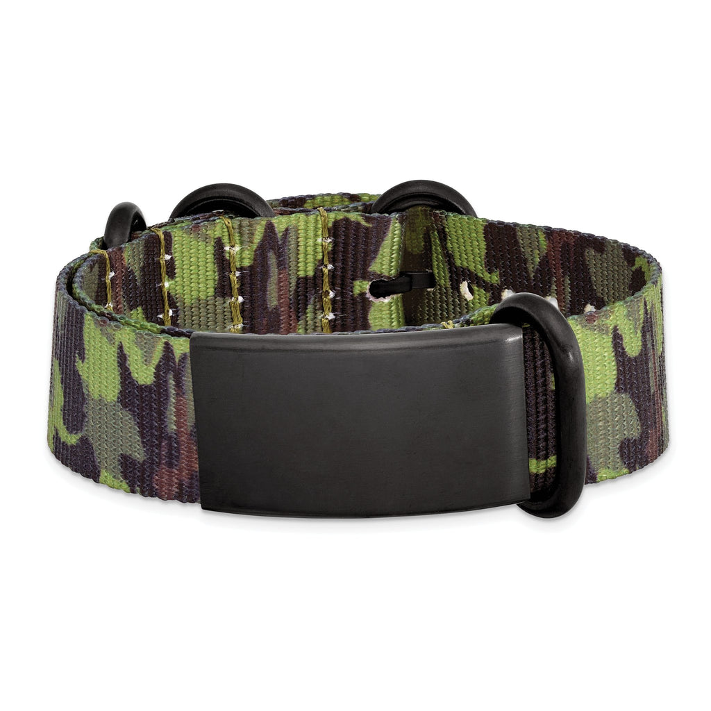 Stainless Steel Brushed Blk IP Green Camo Fabric Adjustable ID Bracelet for Men
