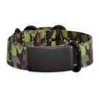 Stainless Steel Brushed Blk IP Green Camo Fabric Adjustable ID Bracelet for Men
