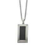 Chisel Stainless Steel Polished Grooved Black Carbon Fiber Inlay Rectangle Dog Tag on a 24 inch Curb Chain Necklace