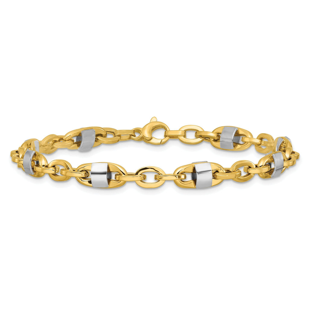14K w/Wht Rhodium Polished Fancy Oval Men's Link Bracelet