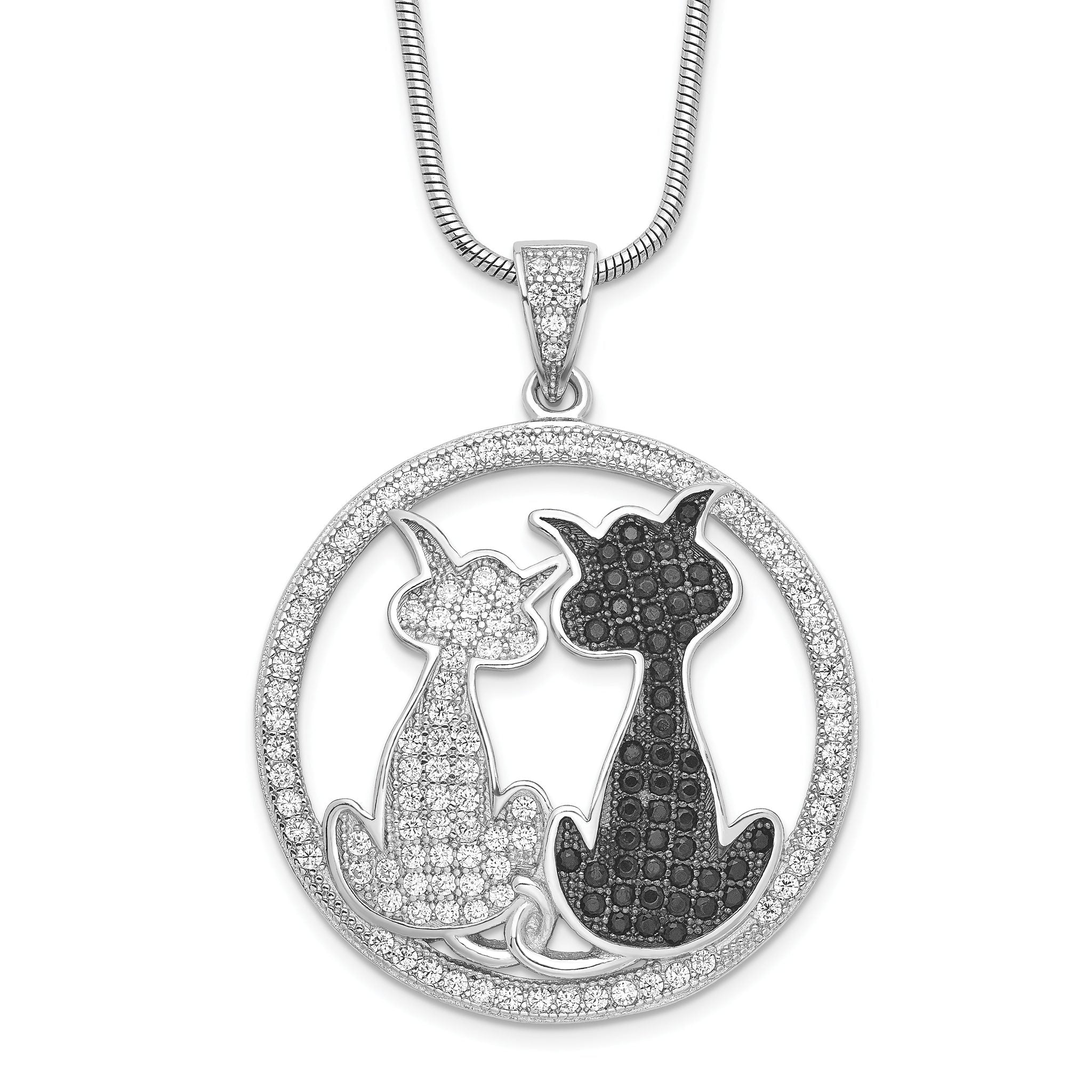 Brilliant Embers Sterling Silver Cat Necklace with Black & White CZ Stones