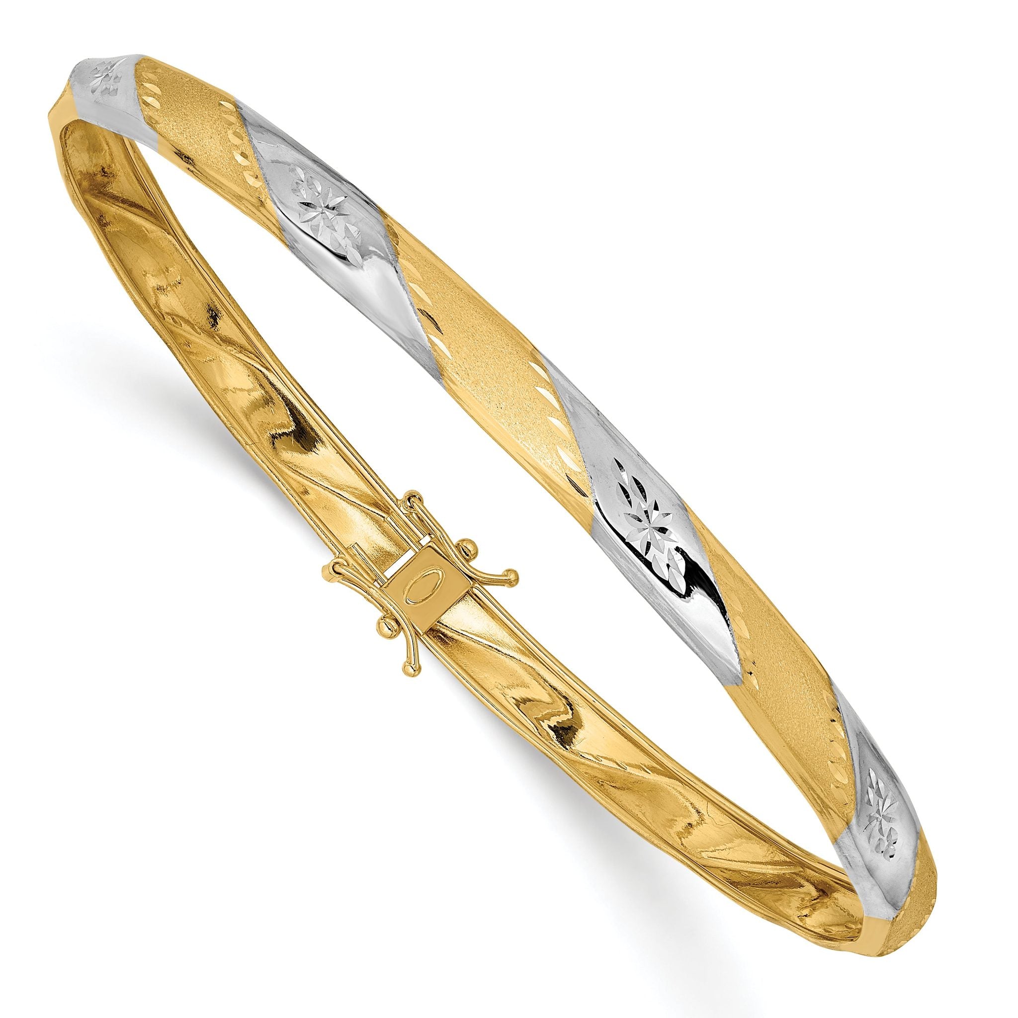 14K White Rhodium Flexible Diamond-Cut Bangle with Safety Clasp