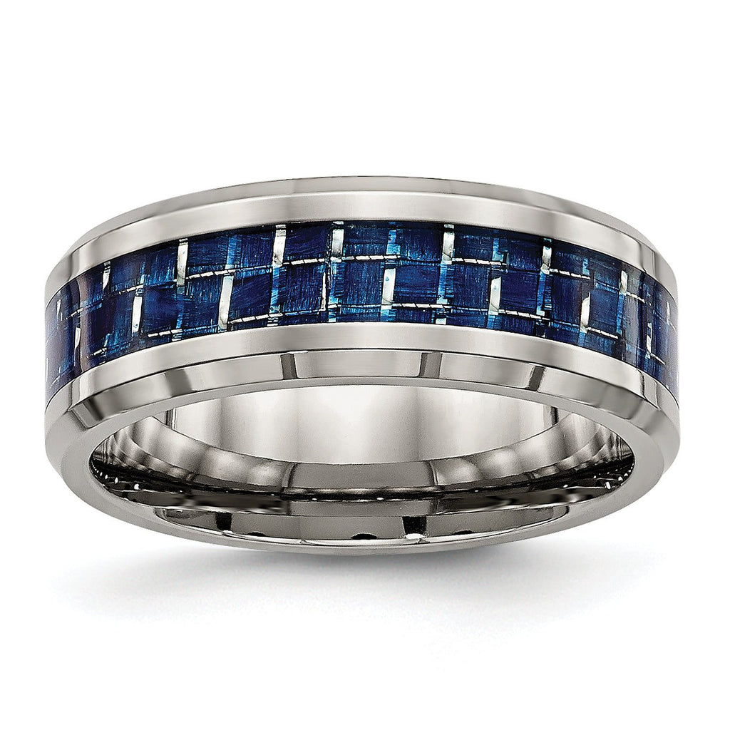 Beveled Wedding Band in Titanium with Blue Carbon Fiber Inlay, 8mm