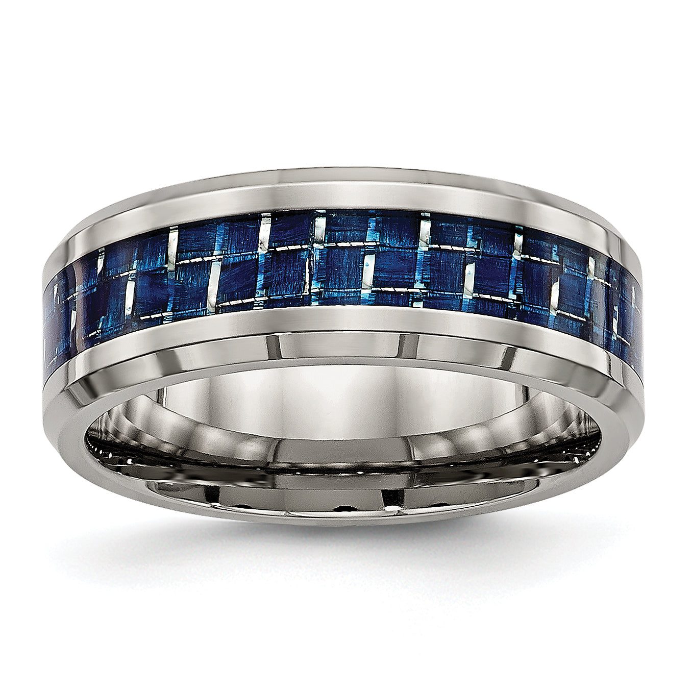 Beveled Wedding Band in Titanium with Blue Carbon Fiber Inlay, 8mm