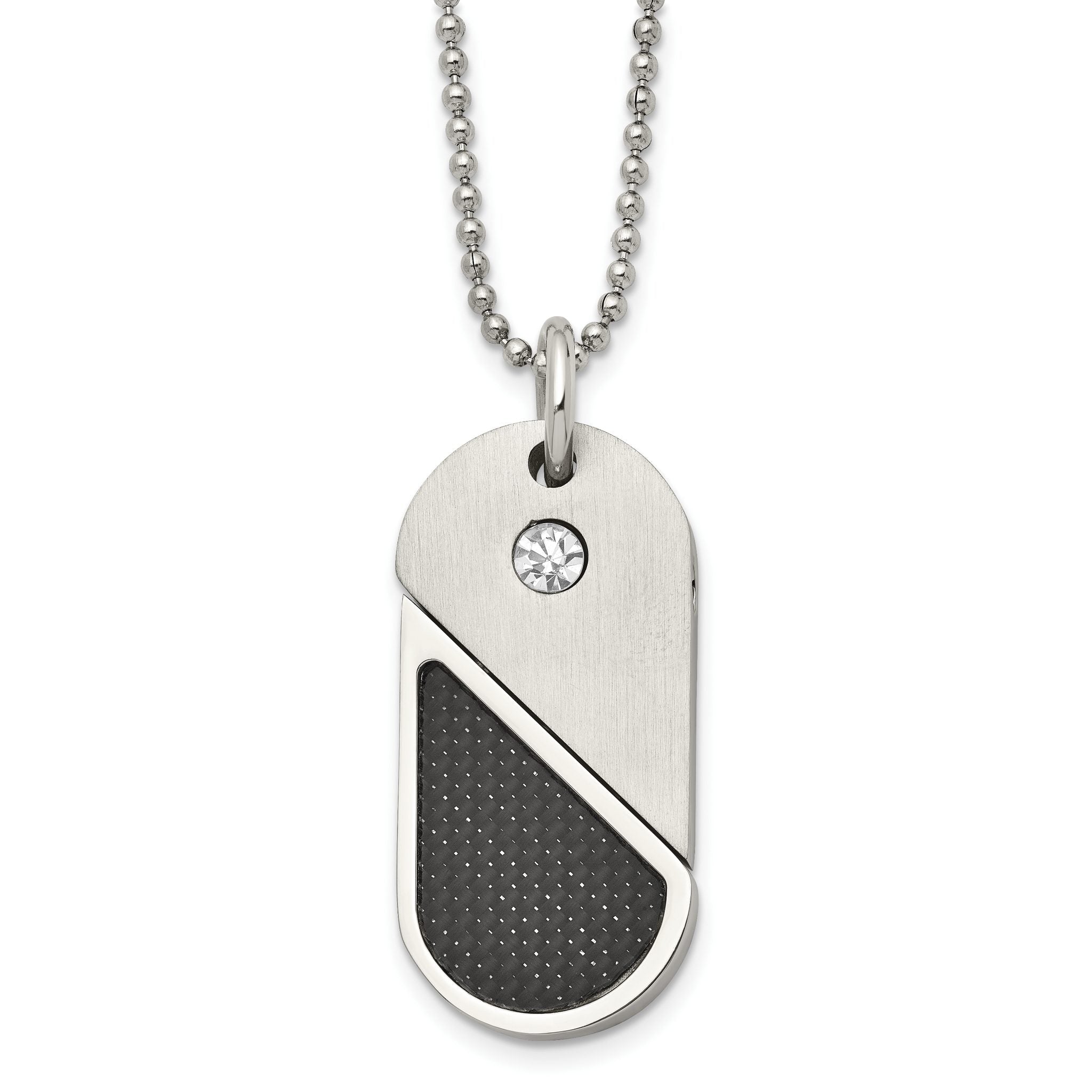 Chisel Stainless Steel Brushed and Polished with CZ and Carbon Fiber Inlay Movable DogTag/Heart Pendant on a 22 in Ball Chain Necklace Main image
