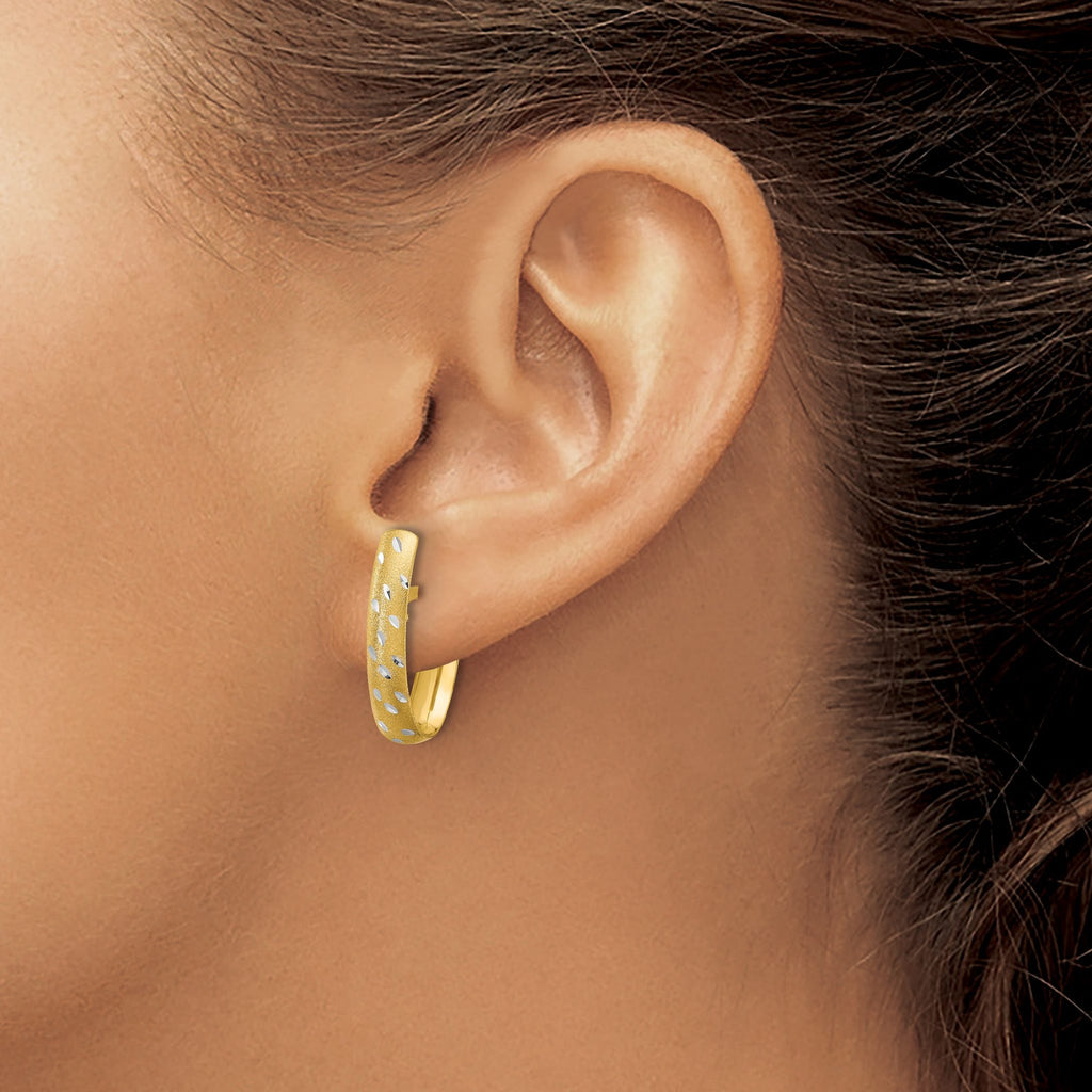 10K w/Rhodium Polished/Satin/Diamond-cut Fancy Hoop Earrings