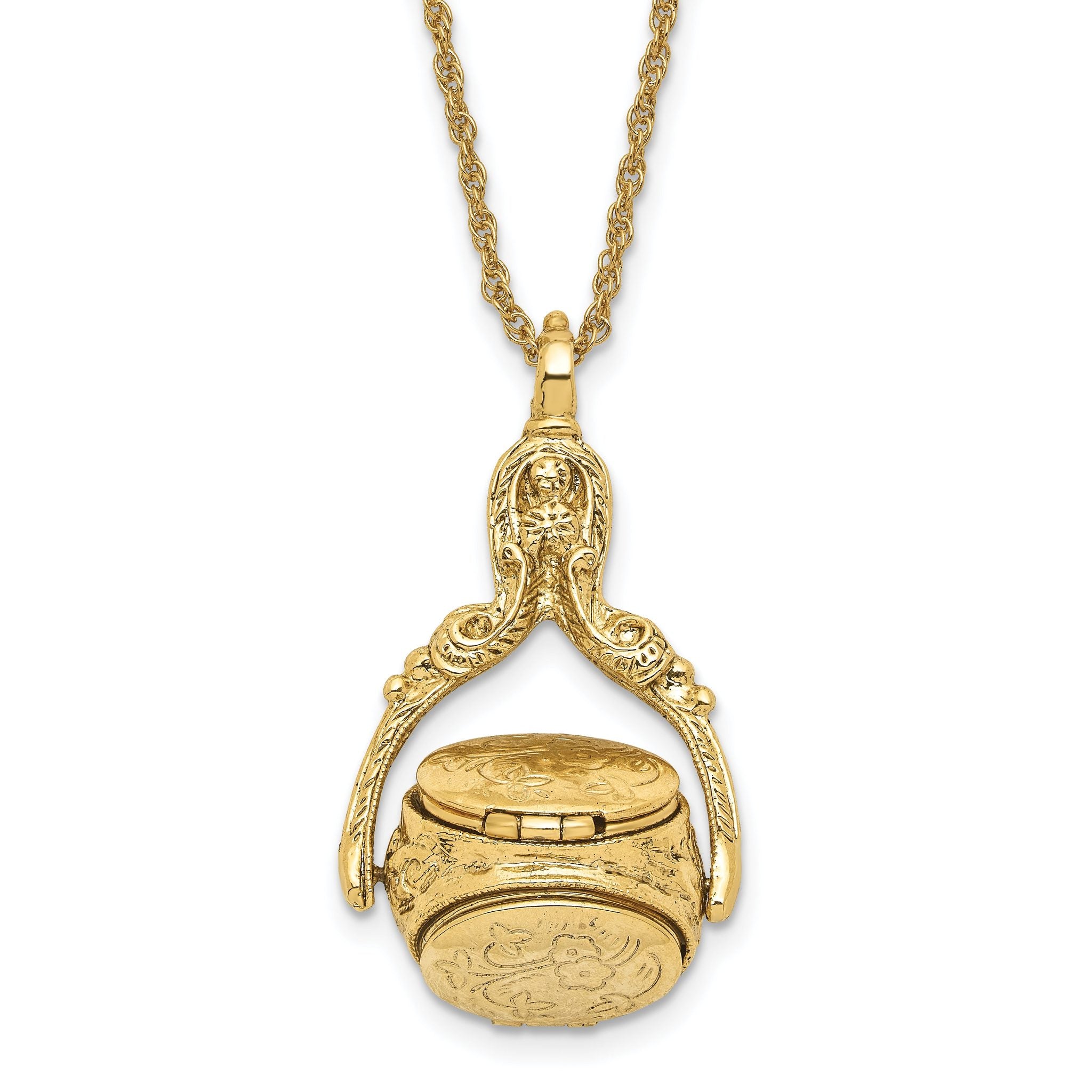 1928 Jewelry Gold-tone Three Sided Spinning Floral Pattern Oval 13mm Lockets 30 inch Necklace Holds 6 Photos Main image