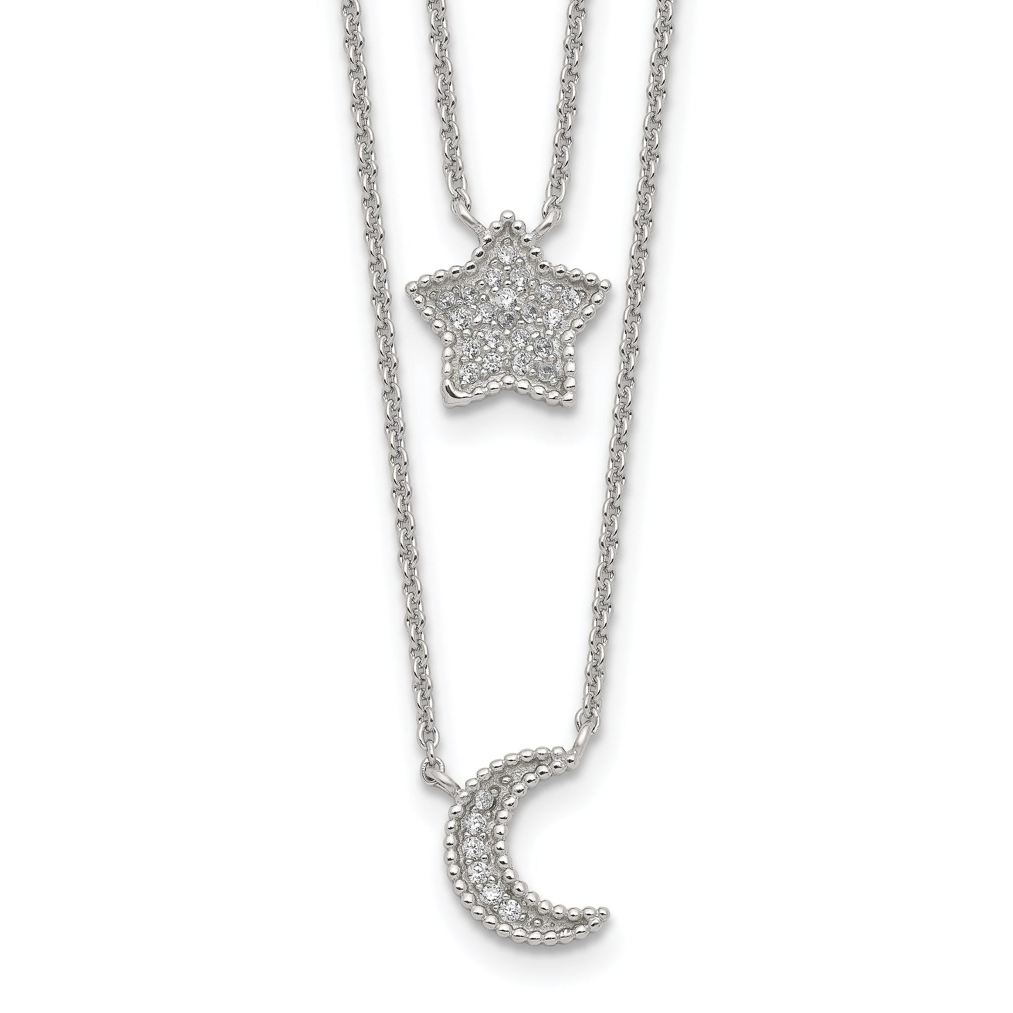 Sterling Silver RH-plated Polished CZ Moon and Star Double Strand Necklace Main image