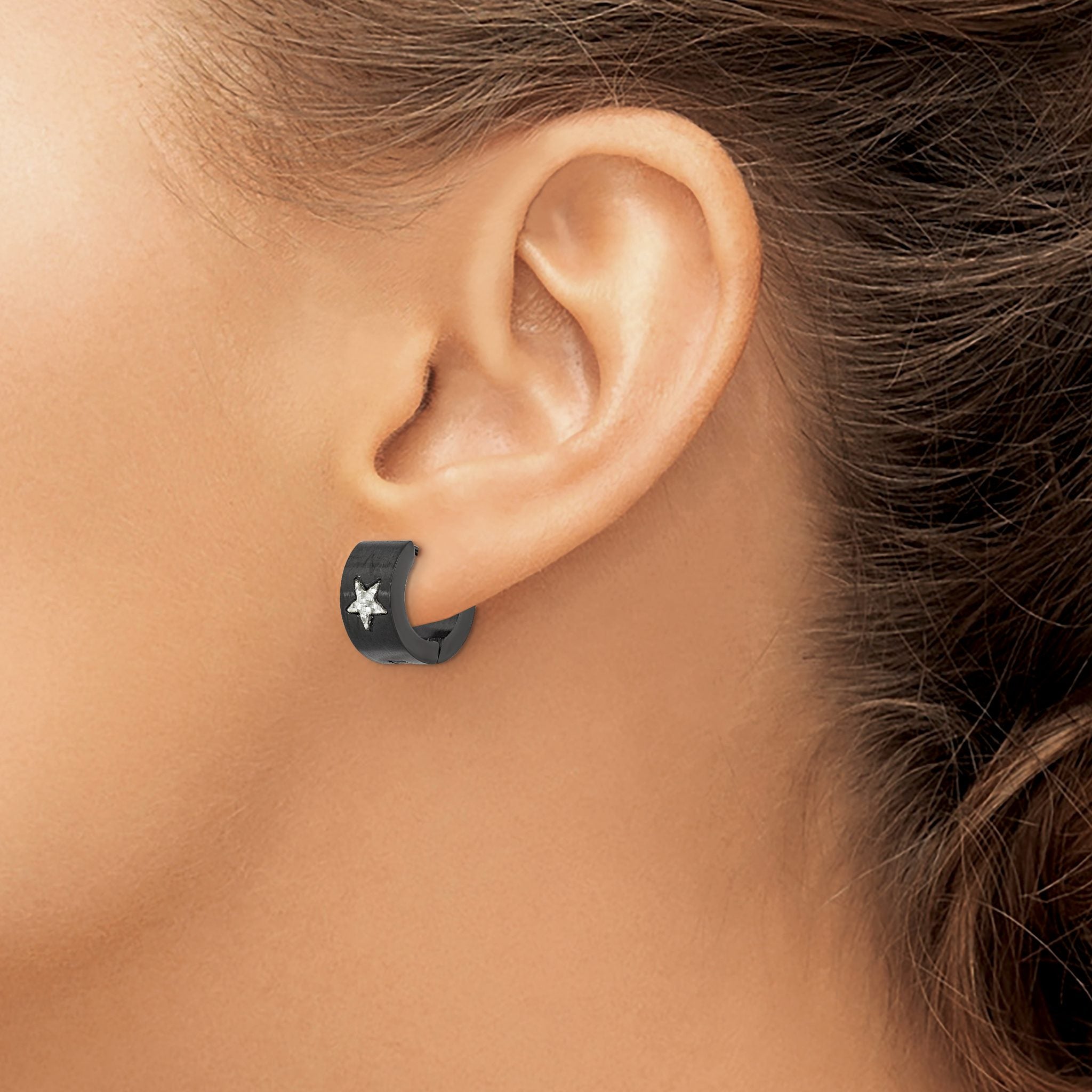 Stainless Steel Black Hinged Star Huggie Hoop Earrings