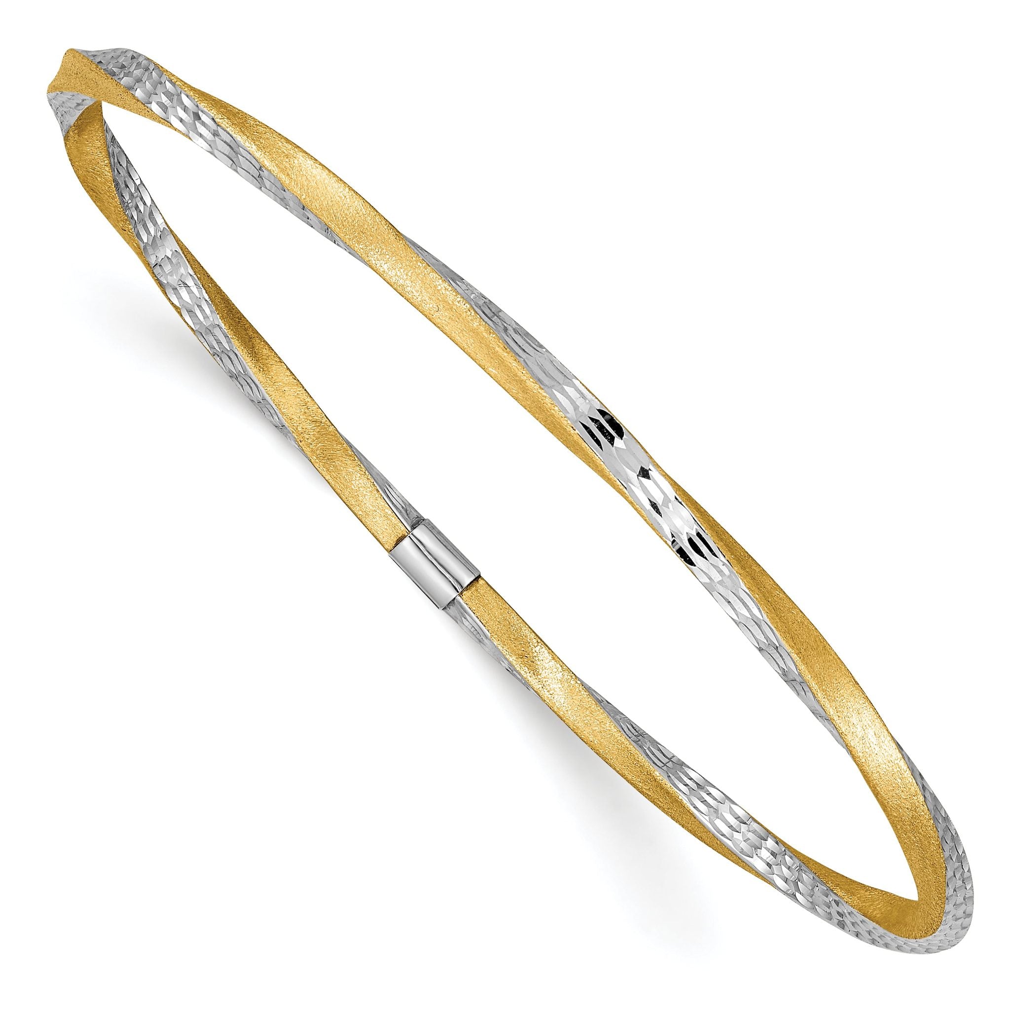 14K Gold Diamond-Cut Satin Twist Bangle with White Rhodium Accents