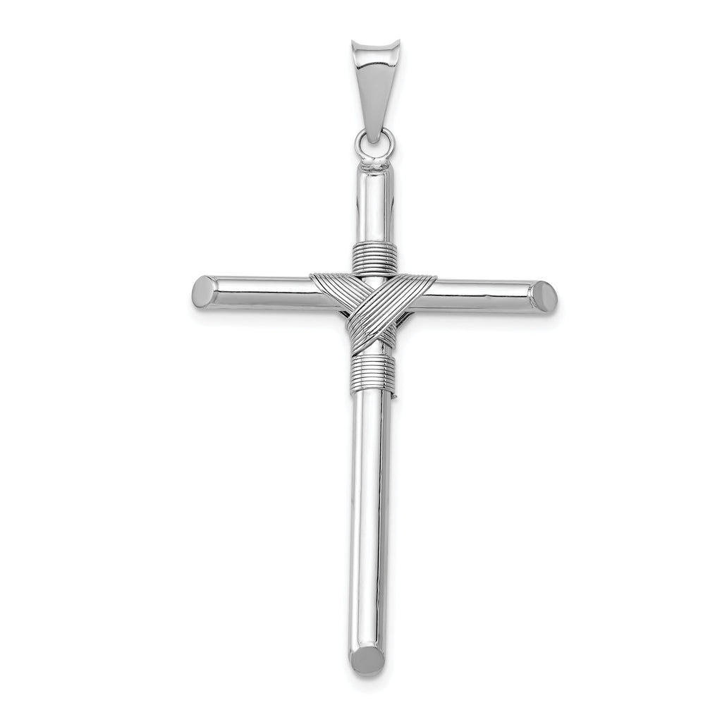 14K White Gold Cross Pendant with Polished 3D Tube Wrap Design