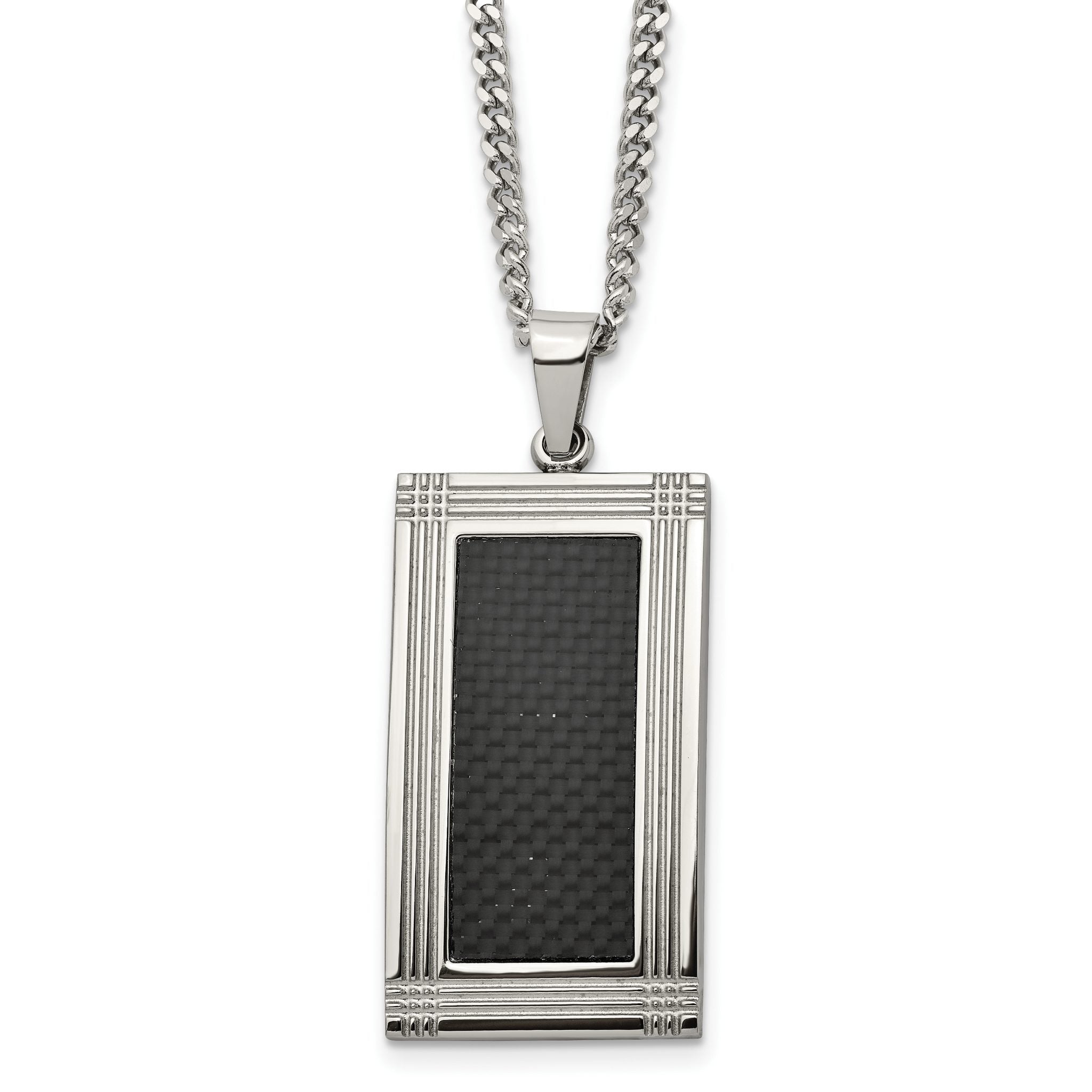 Chisel Stainless Steel Polished Grooved Black Carbon Fiber Inlay Rectangle Dog Tag on a 24 inch Curb Chain Necklace Main image