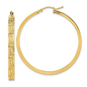 Greek Pattern Hoop Earrings in 14K Yellow Gold, 47mm Satin & Polished - Sophia Jewelers