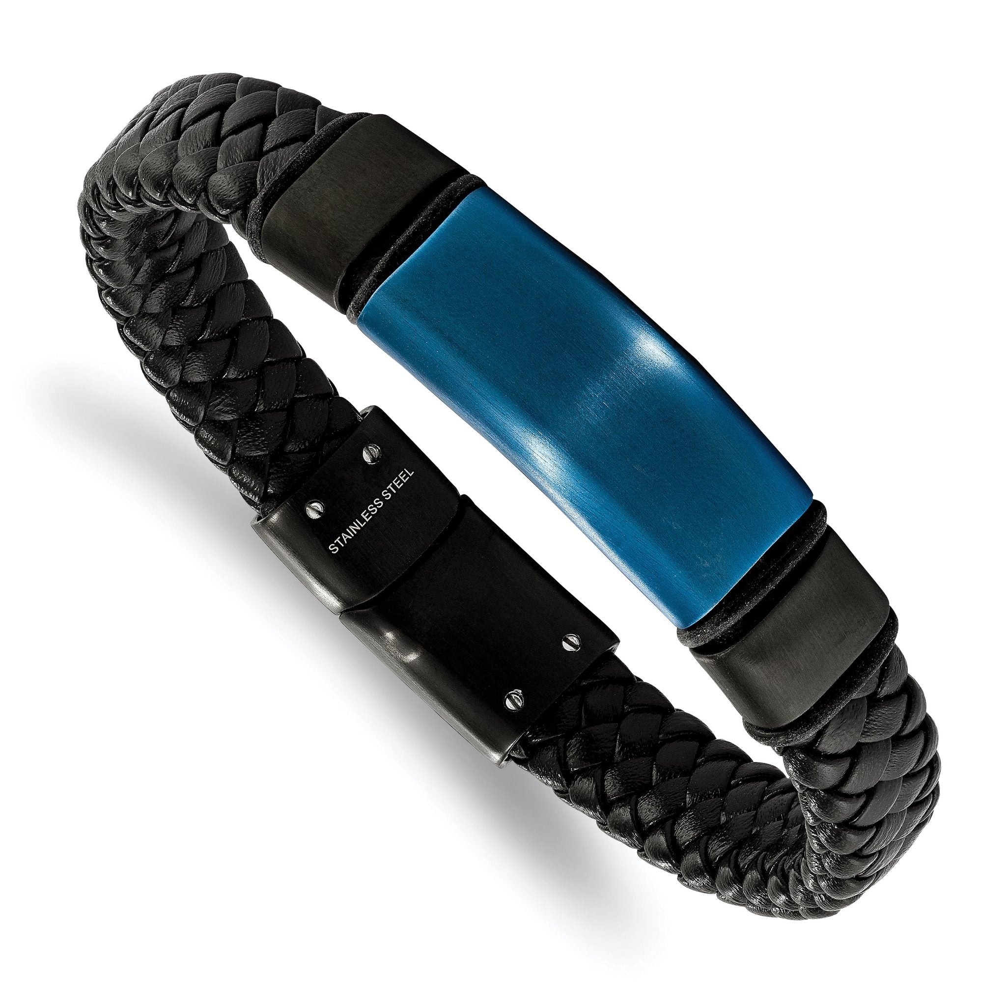 Stainless Steel Polished Black and Blue IP-plated Braided Black Leather with Silicone ID Bracelet for Men Main image