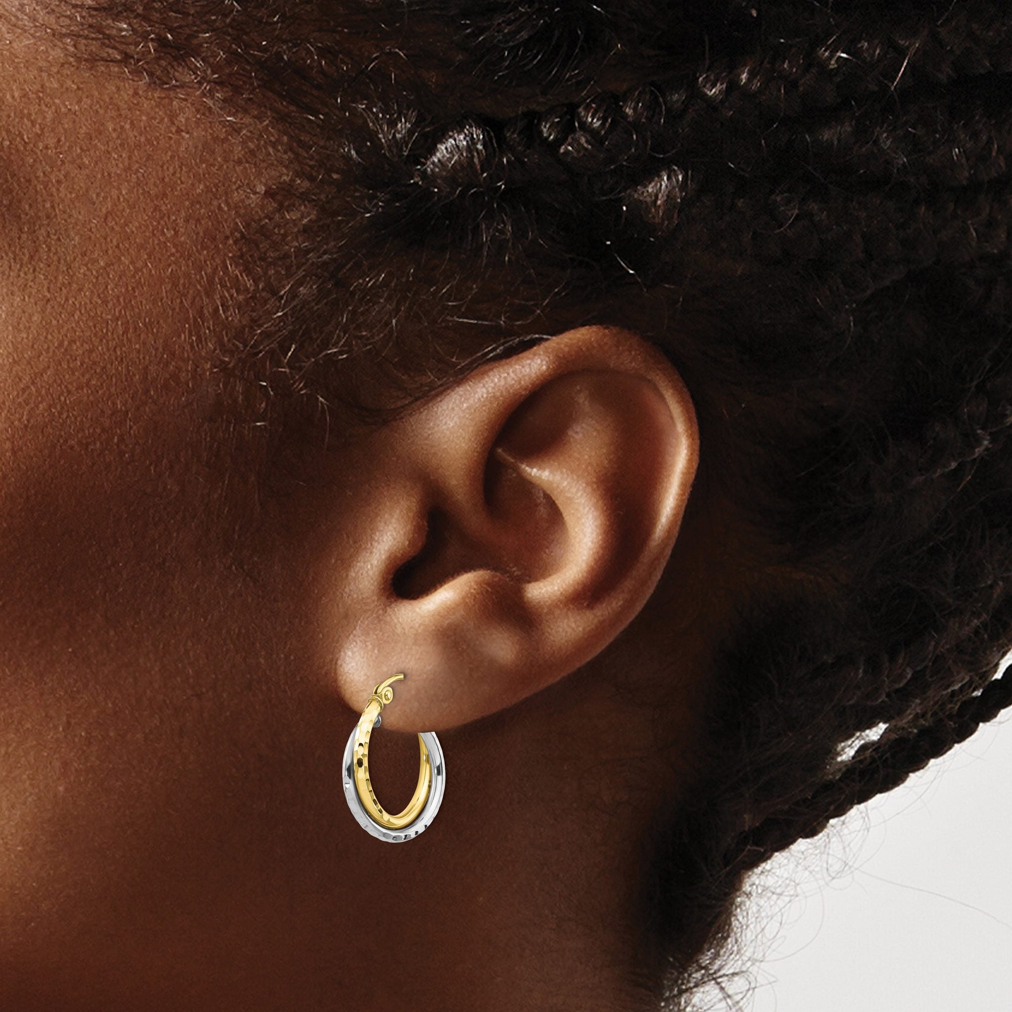 10K Two-Tone Gold Twist Hoop Earrings with Polished Finish Elegant Design 19mm