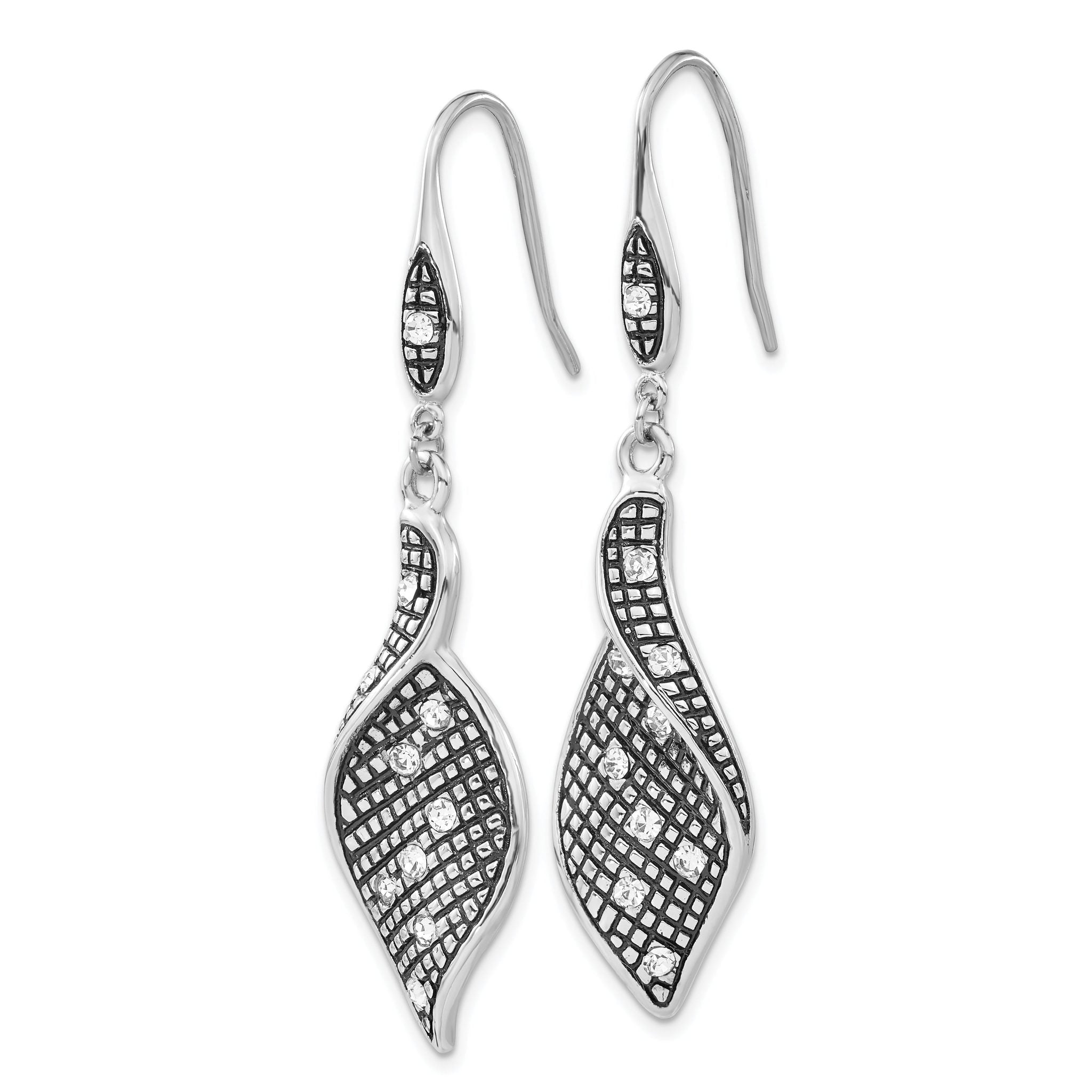 Stainless Steel Polished & Antiqued Crystal Drop Dangle Earrings for Women