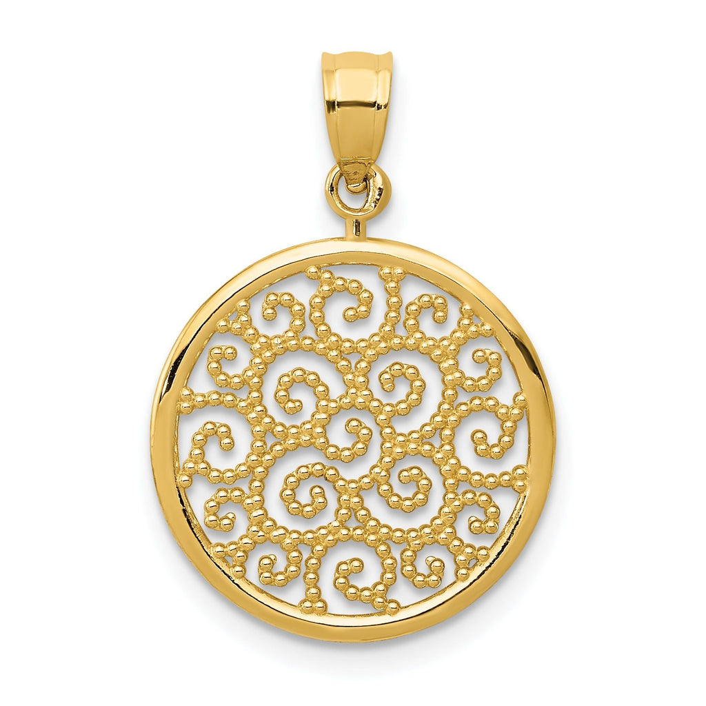 14K Gold Filigree Round Pendant with Polished Finish Elegant Design