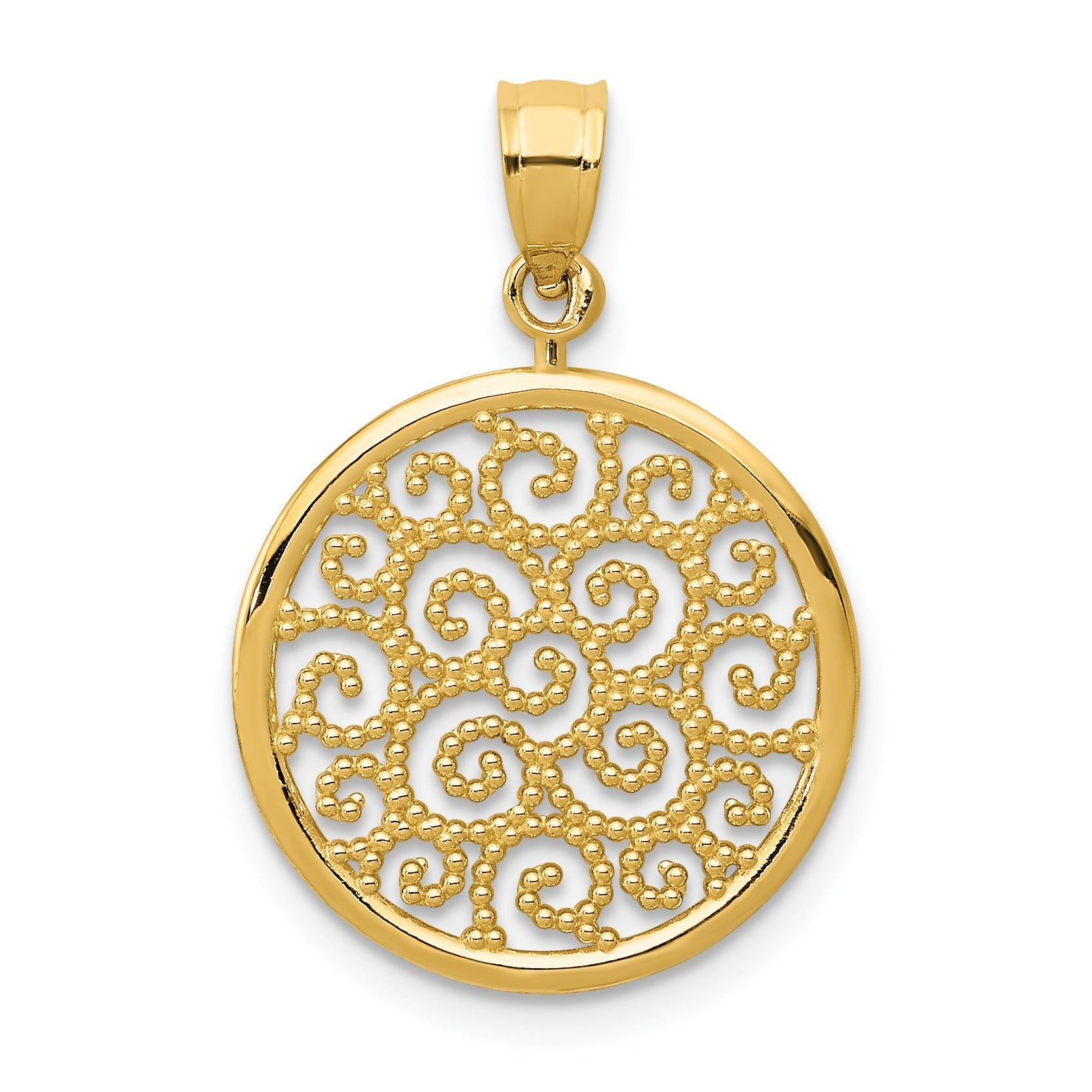 14K Gold Filigree Round Pendant with Polished Finish Elegant Design