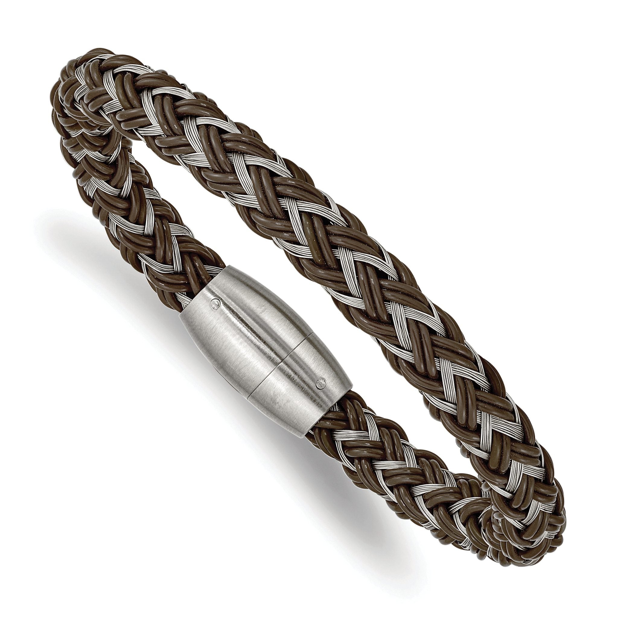 Stainless Steel Brushed Braided Wire and Brown Rubber Bracelet for Men