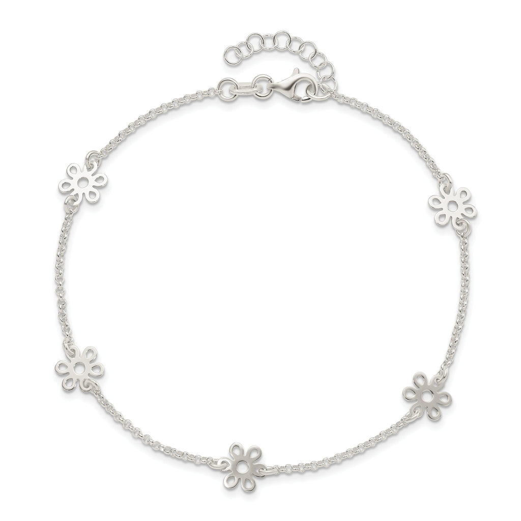 Sterling Silver Cable Chain/Flowers 5-Station 9 inch Plus 1 inch Extender - Total 10 inch Anklet