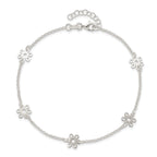 Sterling Silver Cable Chain/Flowers 5-Station 9 inch Plus 1 inch Extender - Total 10 inch Anklet