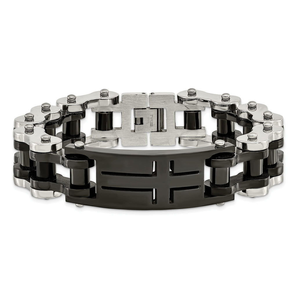 Stainless Steel Polished Black IP-plated Cross ID Bracelet for Men