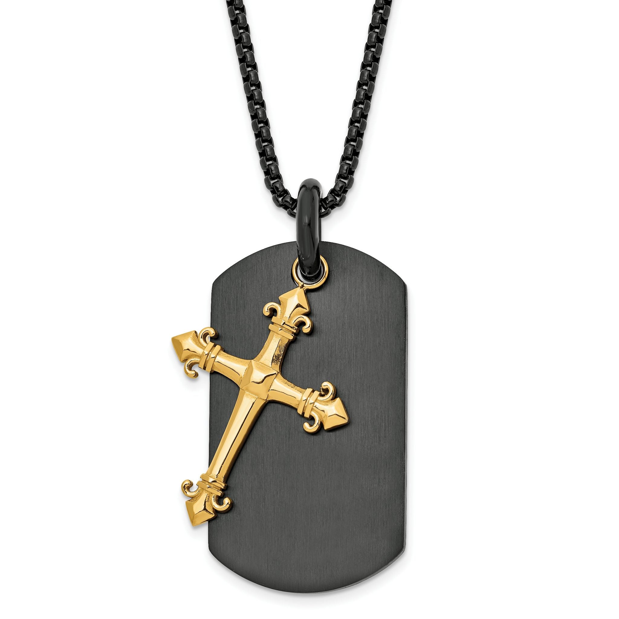 Chisel Stainless Steel Polished Black and Yellow IP-plated 2 Piece Cross and Dog Tag on a 24.75 inch Box Chain Necklace Main image