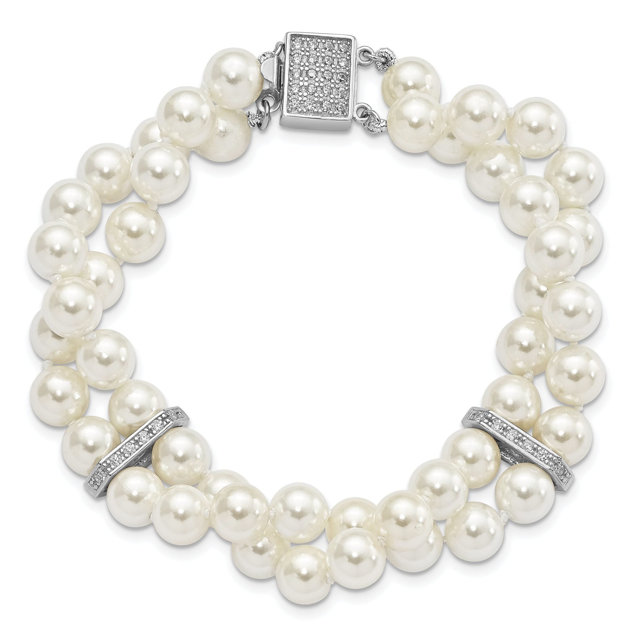 Majestik Sterling Silver Rhodium-plated 7-8mm White Imitation Shell Pearl and CZ Hand-knotted Bracelet