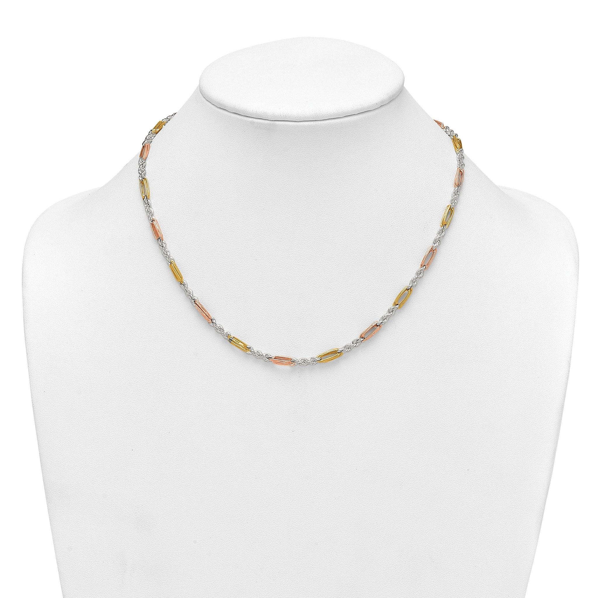 Sterling Silver Rose-tone and Gold-tone Polished 4.0mm Figaro Rope 18 Inch Necklace