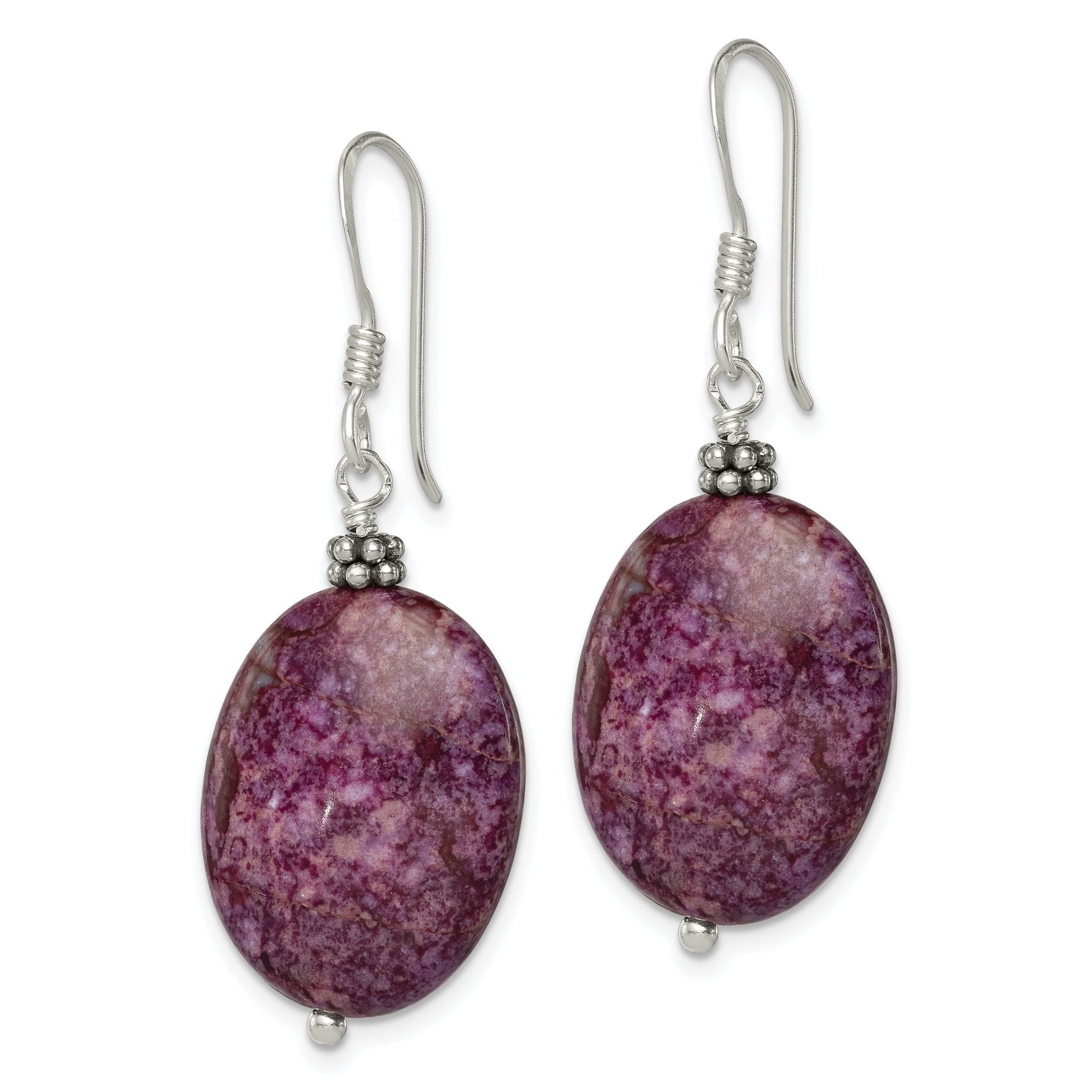 Sterling Silver Polished & Beaded Purple Charoite Oval Dangle Earrings Secondary image