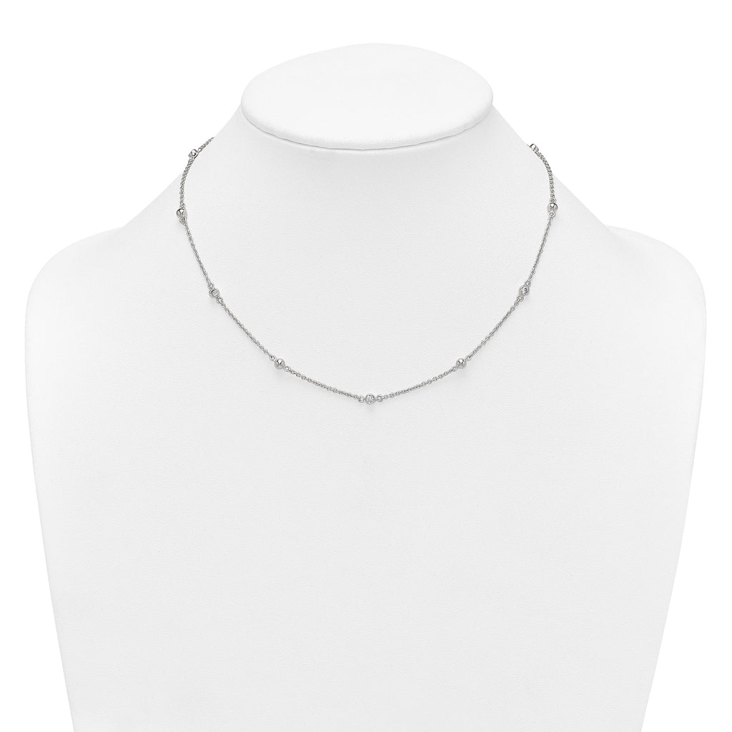 Sterling Silver Polished and Beaded CZ 16.75 inch with 0.5 inch Extension Necklace