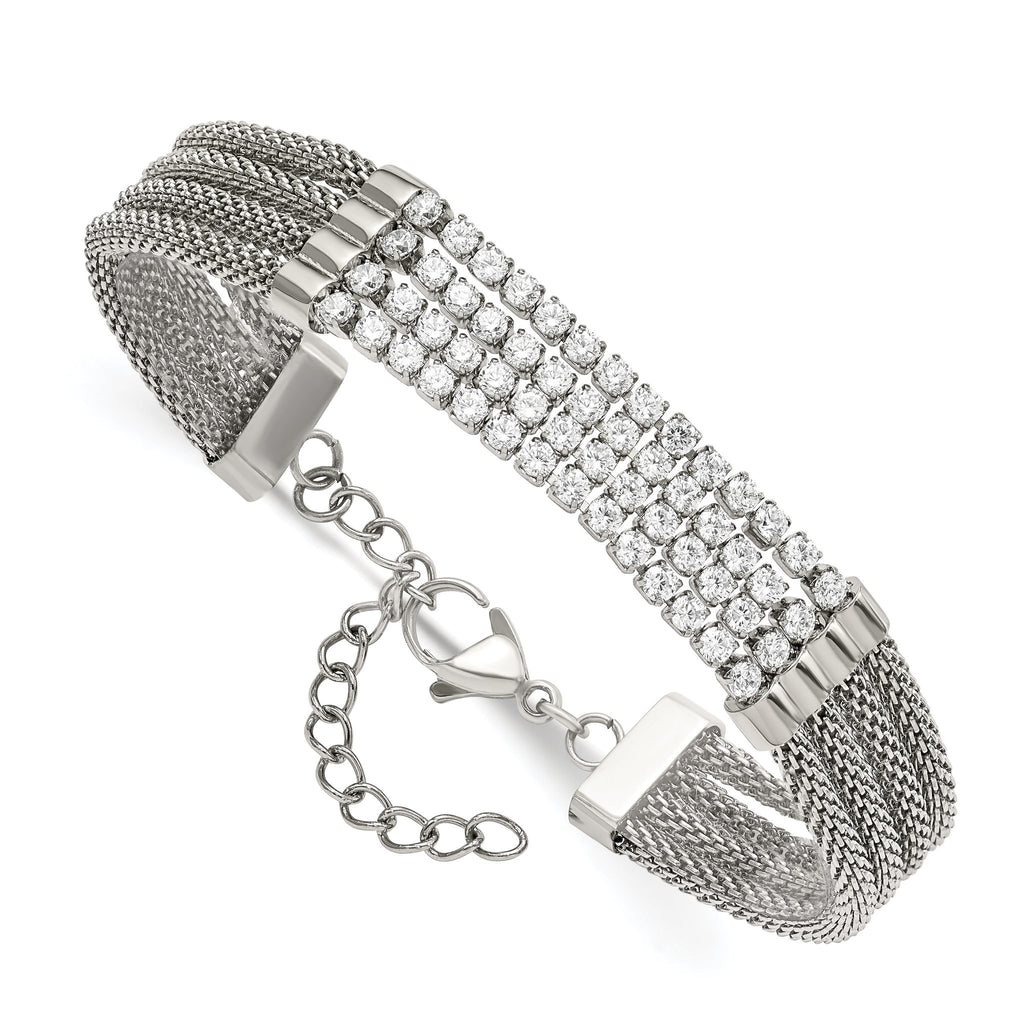 Stainless Steel Polished with Cubic Zirconia Mesh Multi Strand Bracelet with Extension for Women