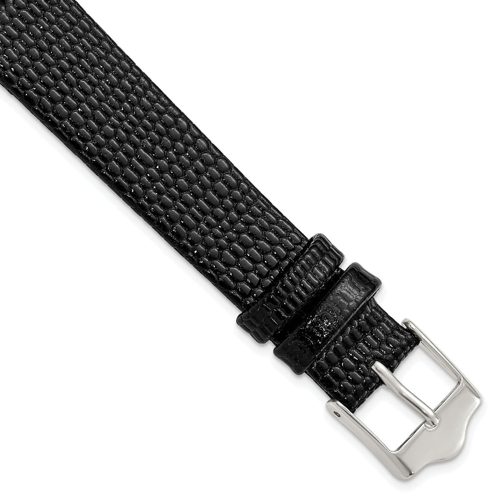 Flat Black Lizard-Grain Leather Watch Band in Silver-Tone, 14mm