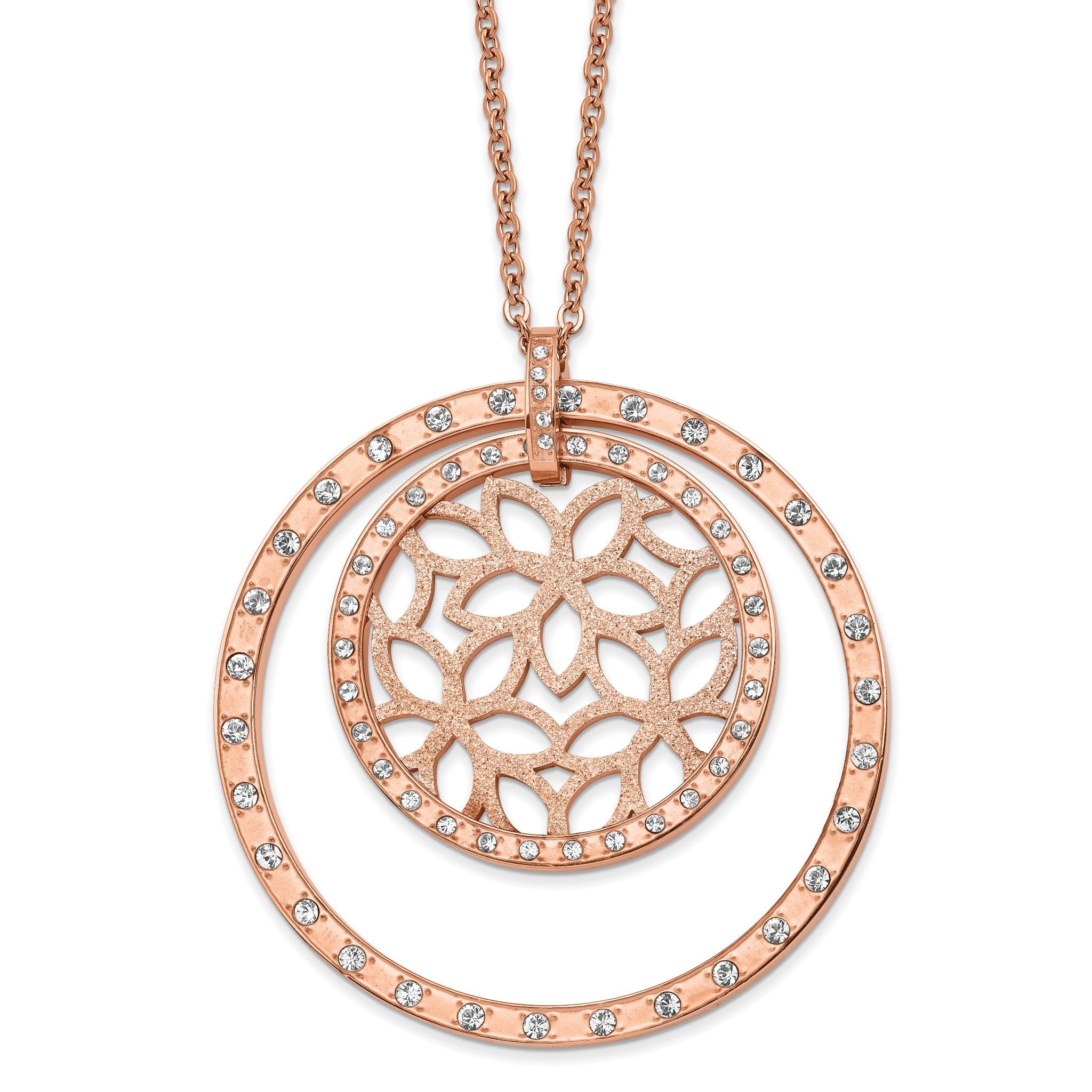 Chisel Stainless Steel Rose IP-plated Crystal Flowers and Circles Pendant on a 30.5 inch Cable Chain with 1 inch Extension Necklace