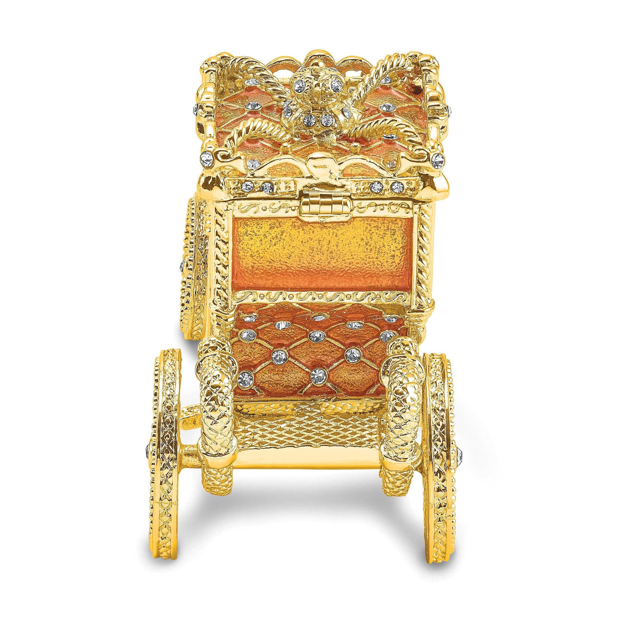 Luxury Giftware by Jere Pewter Bejeweled Crystals Gold-tone Enameled IMPERIAL Golden Carriage With Ring Pad Trinket Box with Matching 18 Inch Necklace
