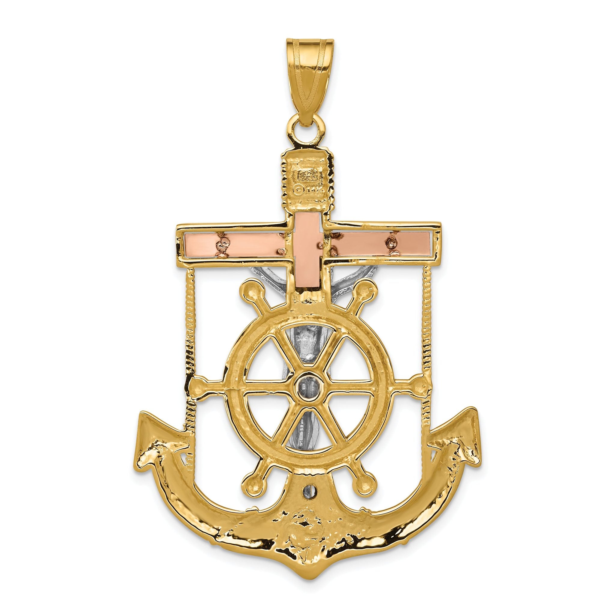 14K Tri-Color Gold Mariner's Cross Pendant with Diamond-Cut Texture