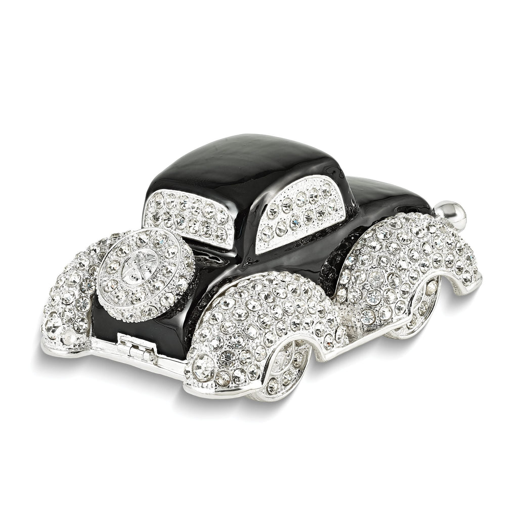 Luxury Giftware by Jere Pewter Bejeweled Crystals Silver-tone Enameled DEAN Black and White Car Trinket Box with Matching 18 Inch Necklace