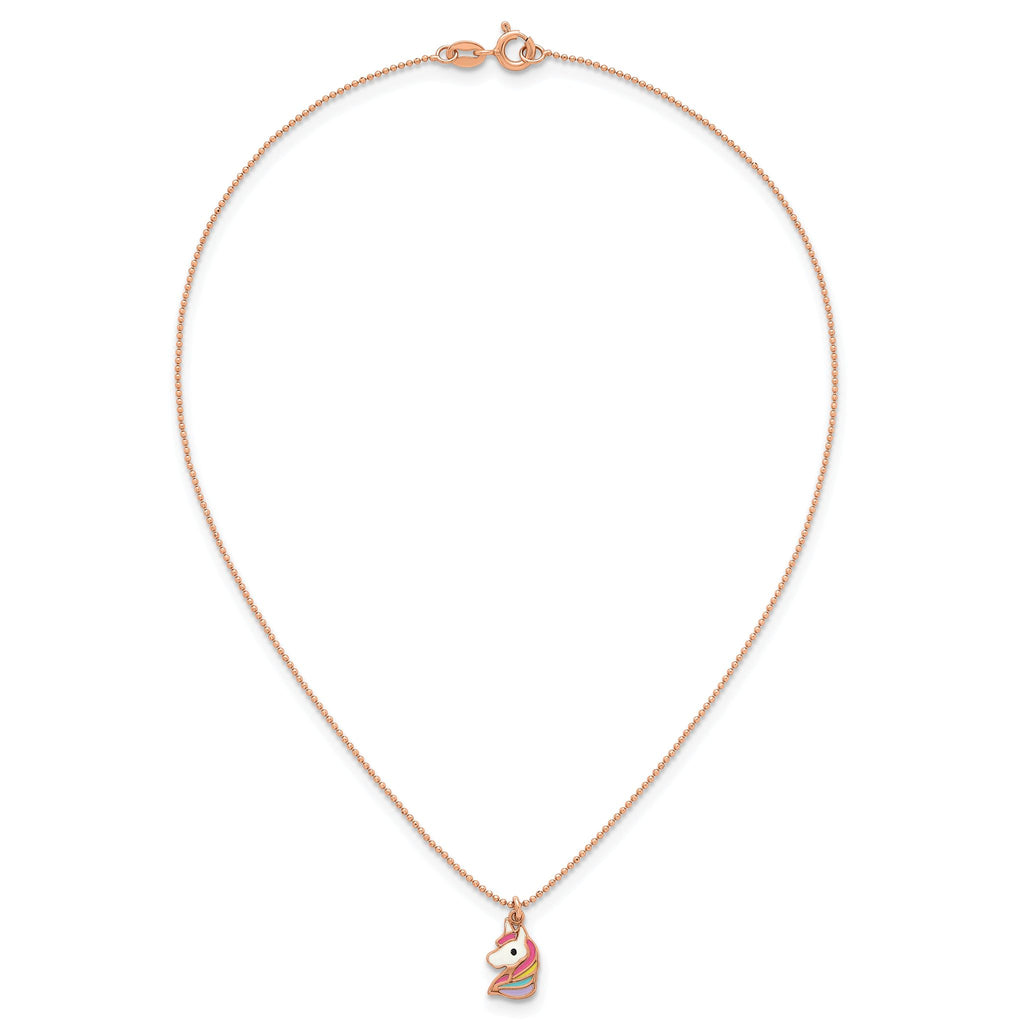 Sterling Silver Rose-tone Polished White and Rainbow Enameled Unicorn Childrens 14 inch Necklace