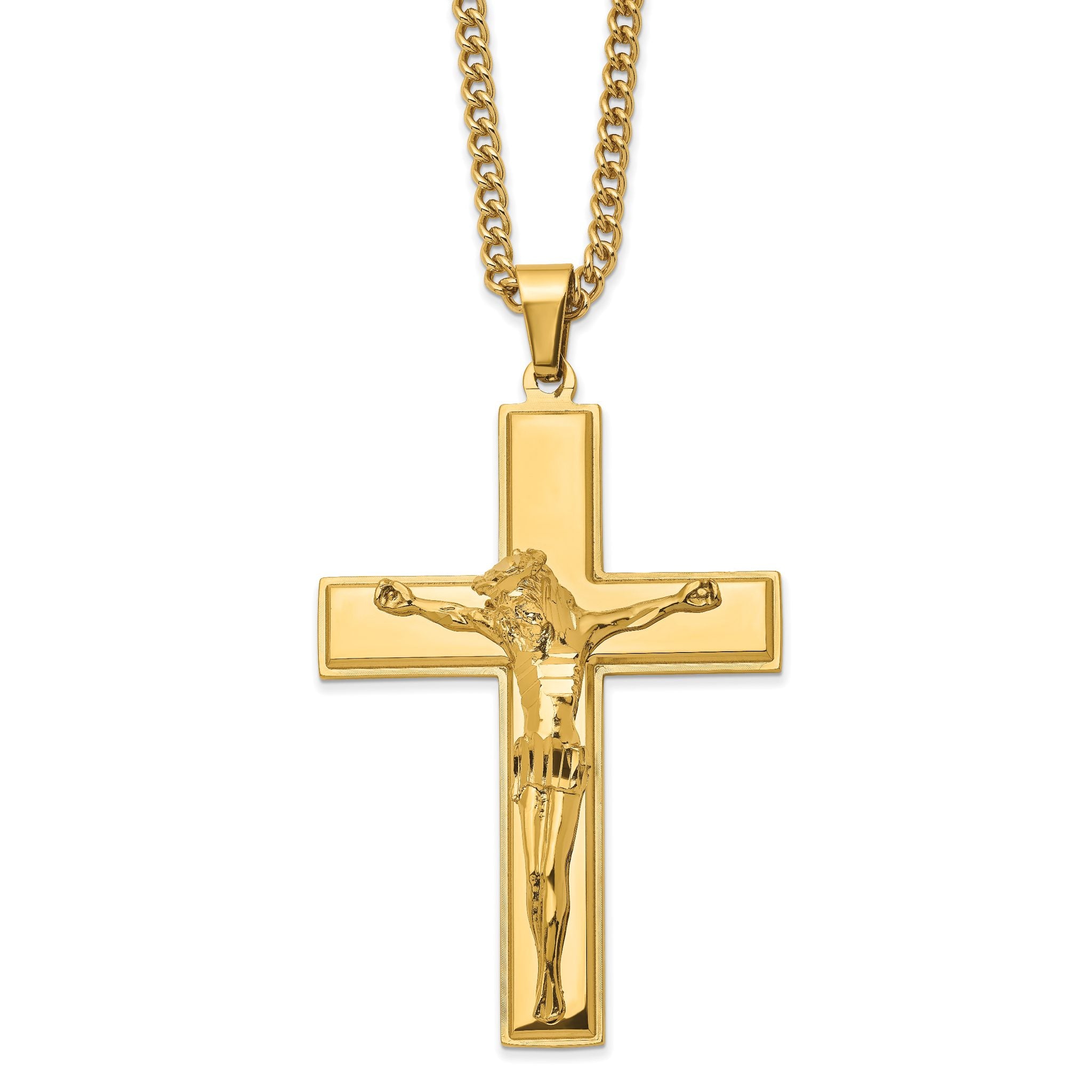 Chisel Stainless Steel Polished Yellow IP-plated Crucifix Pendant on a 24 inch Curb Chain Necklace Main image