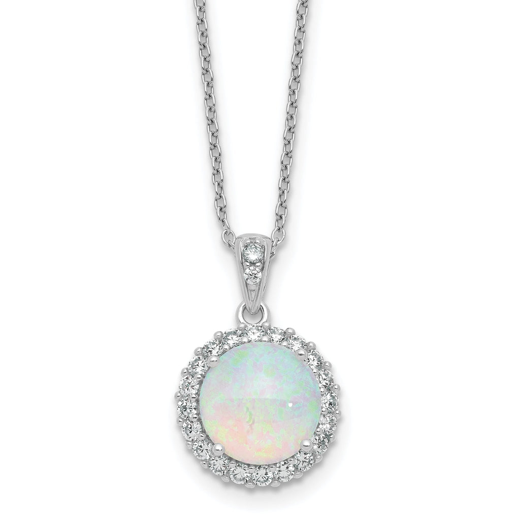 Cheryl M Sterling Silver Rhodium-plated Polished Lab Created Opal and CZ Halo Circle 16 Inch with 2 Inch Extension Necklace