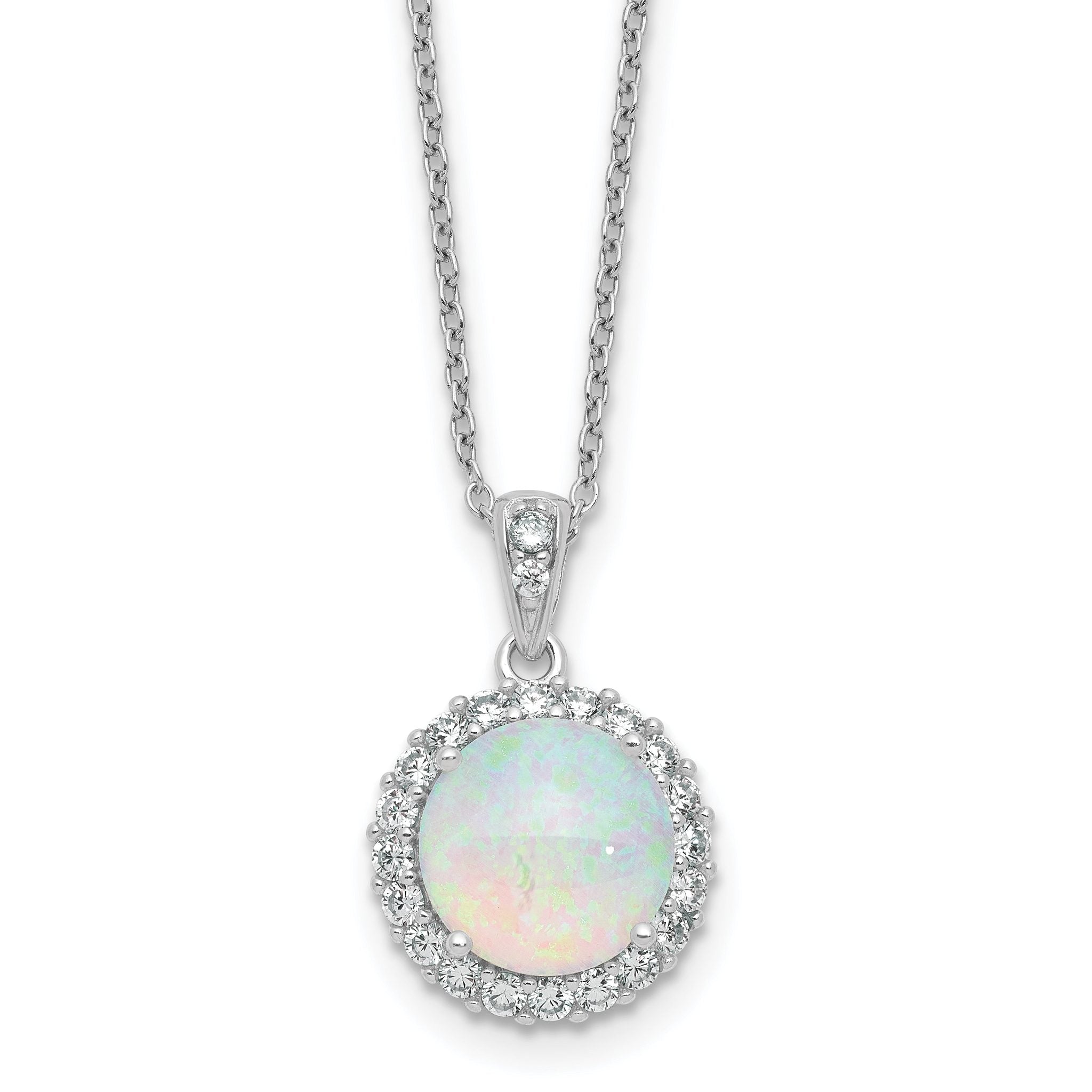 Cheryl M Sterling Silver Rhodium-plated Polished Lab Created Opal and CZ Halo Circle 16 Inch with 2 Inch Extension Necklace
