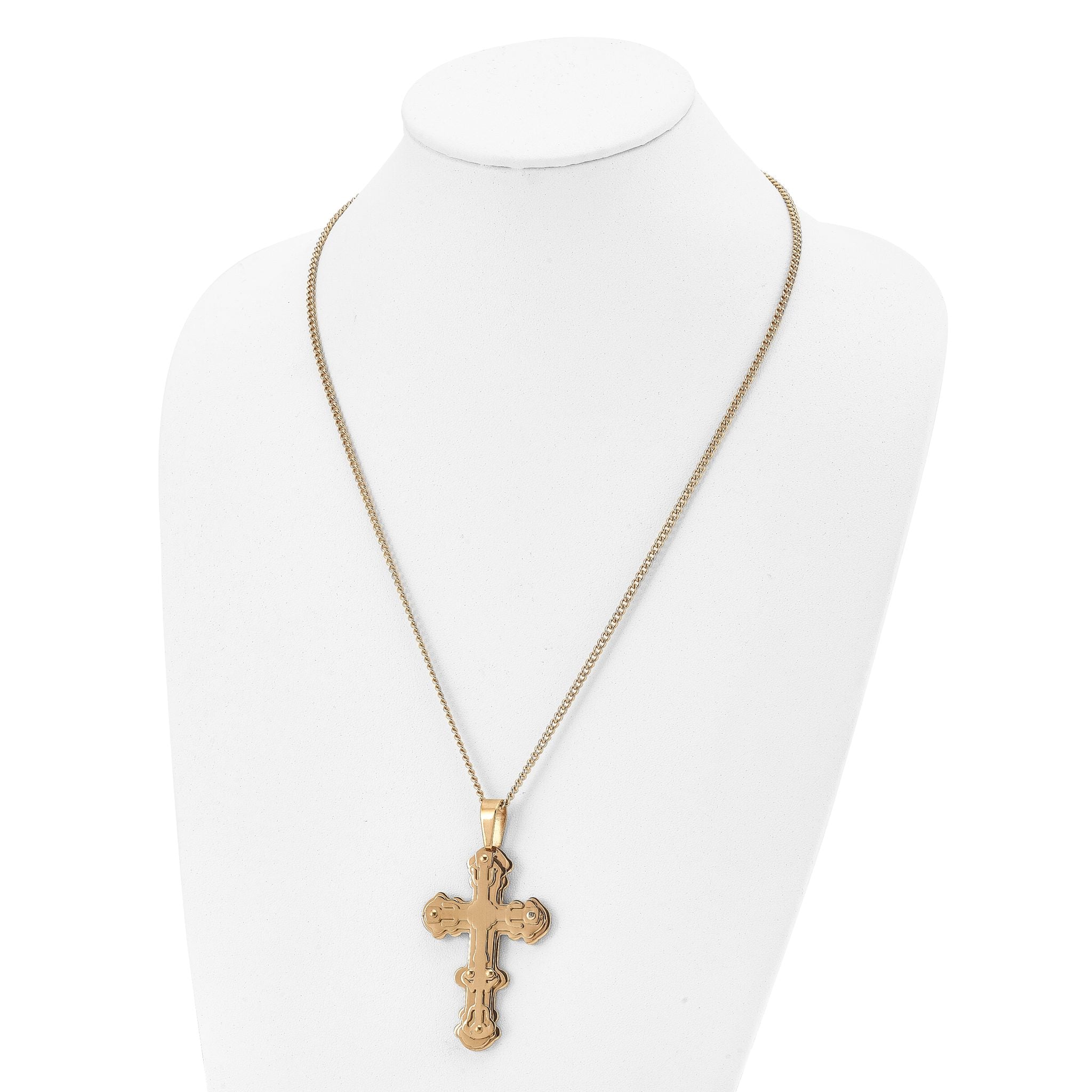 Chisel Stainless Steel Polished Yellow IP-plated Cross Pendant on a 24 inch Curb 24 inch Curb Chain Necklace Secondary image