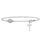 Sterling Silver Rhodium-plated Polished Freshwater Cultured Pearl Cross and Miraculous Medal 10 Inch Anklet