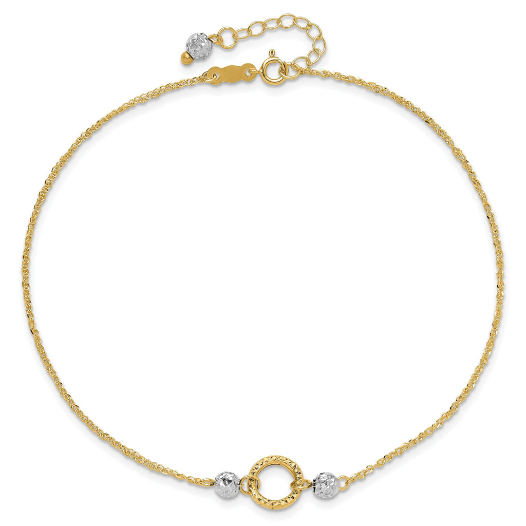 14k Two-tone Circle and Diamond-cut Beads 9 inch Plus 1 inch Bead Dangle Extender - Total 10 inch An